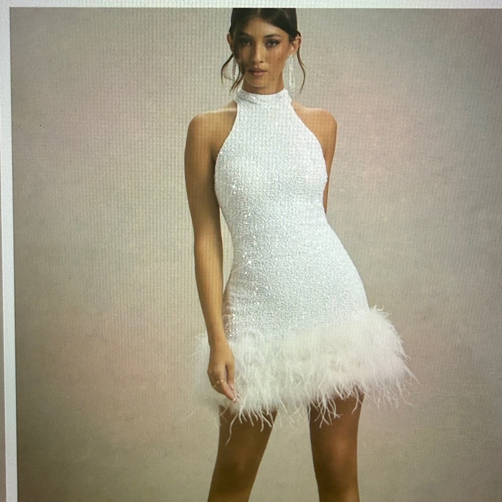 CLUB LONDON White sequin High -Neck Feather-Trim mini Dress
